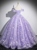 Niulatu A-Line Off Shoulder Tulle Lace Purple Long Prom Dress, Purple Long Formal Dress HZ1108
