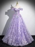 Niulatu A-Line Off Shoulder Tulle Lace Purple Long Prom Dress, Purple Long Formal Dress HZ1108