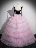 Niulatu V Neck Pink Tulle Long Prom Dress, Pink Long Formal Dress HZ1108