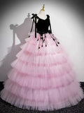 Niulatu V Neck Pink Tulle Long Prom Dress, Pink Long Formal Dress HZ1108