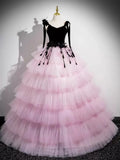 Niulatu V Neck Pink Tulle Long Prom Dress, Pink Long Formal Dress HZ1108