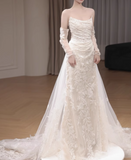 Niulatu mermaid tulle lace long prom dress, white wedding dress HZ1108