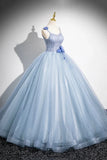 Niulatu A-Line Spaghetti Strap Tulle Floor Length Prom Dress, Pretty Evening Party Dress HZ1108