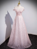 Niulatu A-line off-the-shoulder tulle lace sequined long prom dress, pink evening dress HZ1108