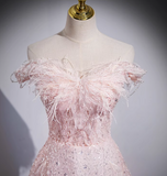 Niulatu A-line off-the-shoulder tulle lace sequined long prom dress, pink evening dress HZ1108