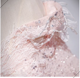 Niulatu A-line off-the-shoulder tulle lace sequined long prom dress, pink evening dress HZ1108