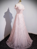 Niulatu A-line off-the-shoulder tulle lace sequined long prom dress, pink evening dress HZ1108