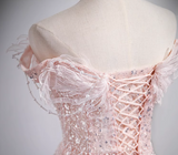 Niulatu A-line off-the-shoulder tulle lace sequined long prom dress, pink evening dress HZ1108