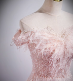 Niulatu A-line off-the-shoulder tulle lace sequined long prom dress, pink evening dress HZ1108