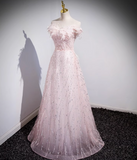 Niulatu A-line off-the-shoulder tulle lace sequined long prom dress, pink evening dress HZ1108