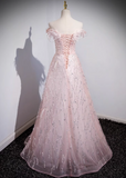 Niulatu A-line off-the-shoulder tulle lace sequined long prom dress, pink evening dress HZ1108