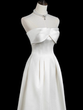 Niulatu A-line strapless satin long prom dress, white bridal dress HZ1108