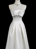 Niulatu A-line strapless satin long prom dress, white bridal dress HZ1108