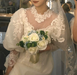 Niulatu A-line V-neck tulle lace long prom dress, White wedding dress with train HZ1108