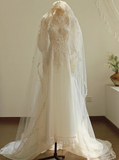 Niulatu A-line V-neck tulle lace long prom dress, White wedding dress with train HZ1108