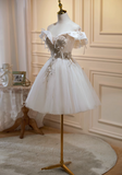 Niulatu A-line off-the-shoulder tulle sequin short prom dress, off-white homecoming dress birthday dress HZ1108