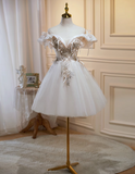 Niulatu A-line off-the-shoulder tulle sequin short prom dress, off-white homecoming dress birthday dress HZ1108