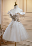 Niulatu A-line off-the-shoulder tulle sequin short prom dress, off-white homecoming dress birthday dress HZ1108