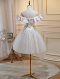 Niulatu A-line off-the-shoulder tulle sequin short prom dress, off-white homecoming dress birthday dress HZ1108