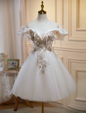 Niulatu A-line off-the-shoulder tulle sequin short prom dress, off-white homecoming dress birthday dress HZ1108