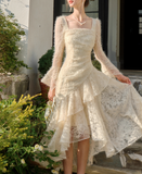 Niulatu Retro Apricot Lace Long Sleeve Knitted Dress Velvet Princess Dress HZ1108