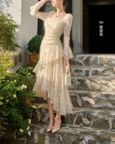 Niulatu Retro Apricot Lace Long Sleeve Knitted Dress Velvet Princess Dress HZ1108