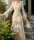 Niulatu Retro Apricot Lace Long Sleeve Knitted Dress Velvet Princess Dress HZ1108