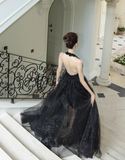 Niulatu fine shimmer tulle dress French halterneck backless dress HZ1108
