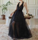 Niulatu fine shimmer tulle dress French halterneck backless dress HZ1108