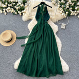 Niulatu dark green V-neck halter back long dress HZ1108