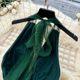 Niulatu dark green V-neck halter back long dress HZ1108