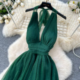 Niulatu dark green V-neck halter back long dress HZ1108