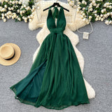 Niulatu dark green V-neck halter back long dress HZ1108