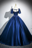 Niulatu Satin Long A-Line Prom Dress with Pearls, Elegant Short Sleeve Evening Party Dress HZ1108