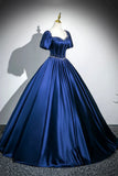 Niulatu Satin Long A-Line Prom Dress with Pearls, Elegant Short Sleeve Evening Party Dress HZ1108