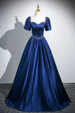 Niulatu Satin Long A-Line Prom Dress with Pearls, Elegant Short Sleeve Evening Party Dress HZ1108