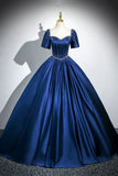 Niulatu Satin Long A-Line Prom Dress with Pearls, Elegant Short Sleeve Evening Party Dress HZ1108
