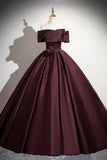 Niulatu Satin Long Prom Dress, Burgundy Off-the-Shoulder Formal Dress HZ1108