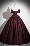 Niulatu Satin Long Prom Dress, Burgundy Off-the-Shoulder Formal Dress HZ1108