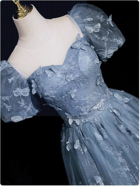 Niulatu Evening Dress under $180||Fairytale?? A-Line Puff Sleeves Tulle Lace Gray BlueSweet Long Prom Dress for Birthday HZ1026