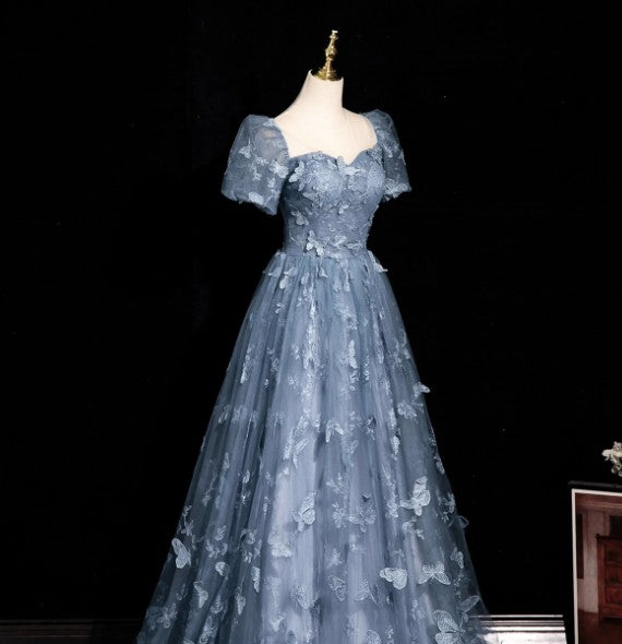 Niulatu Evening Dress under $180||Fairytale?? A-Line Puff Sleeves Tulle Lace Gray BlueSweet Long Prom Dress for Birthday HZ1026