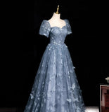 Niulatu Evening Dress under $180||Fairytale?? A-Line Puff Sleeves Tulle Lace Gray BlueSweet Long Prom Dress for Birthday HZ1026