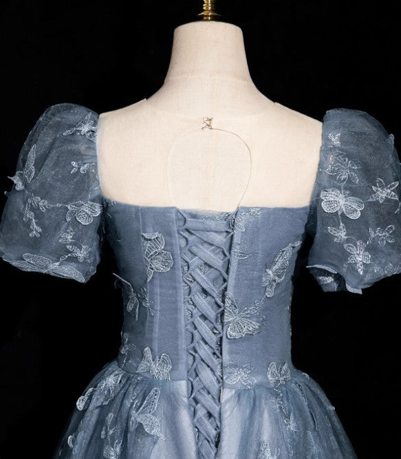 Niulatu Evening Dress under $180||Fairytale?? A-Line Puff Sleeves Tulle Lace Gray BlueSweet Long Prom Dress for Birthday HZ1026