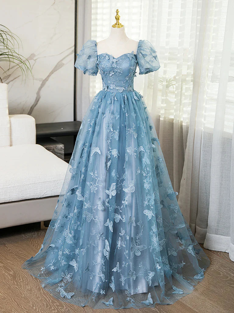 Niulatu Evening Dress under $180||Fairytale?? A-Line Puff Sleeves Tulle Lace Gray BlueSweet Long Prom Dress for Birthday HZ1026