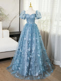 Niulatu Evening Dress under $180||Fairytale?? A-Line Puff Sleeves Tulle Lace Gray BlueSweet Long Prom Dress for Birthday HZ1026