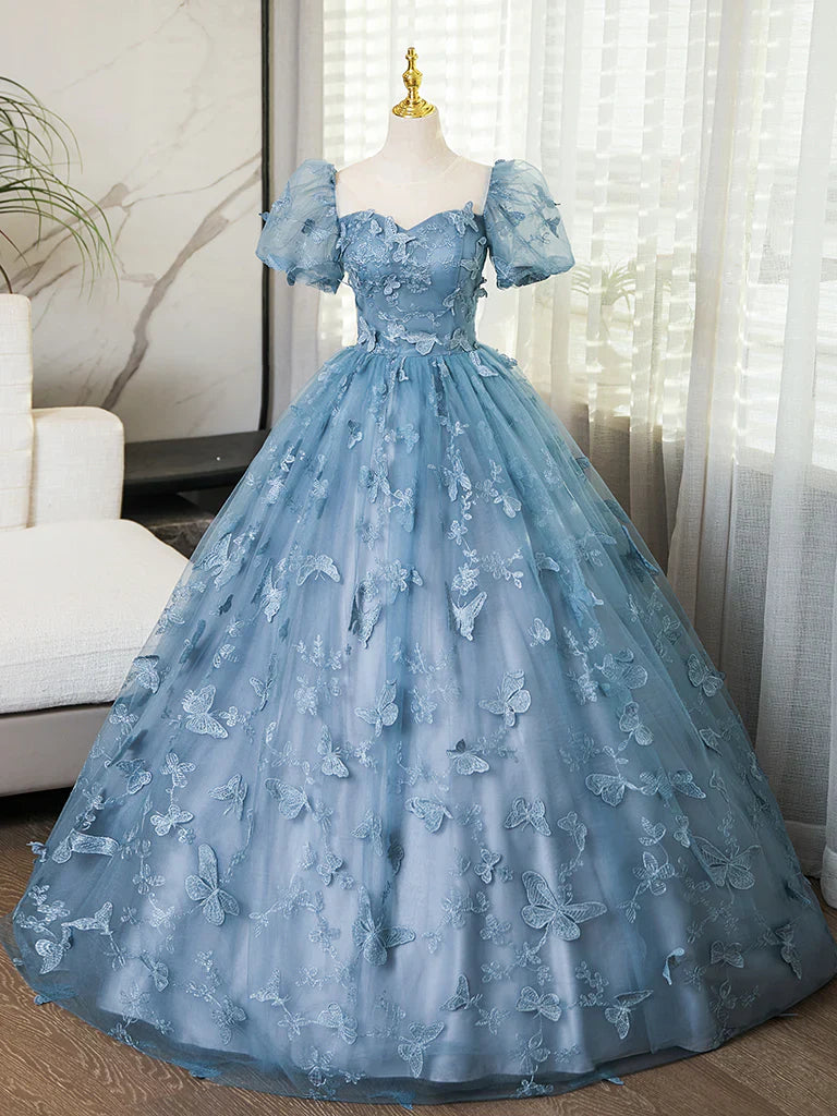 Niulatu Evening Dress under $180||Fairytale?? A-Line Puff Sleeves Tulle Lace Gray BlueSweet Long Prom Dress for Birthday HZ1026