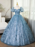 Niulatu Evening Dress under $180||Fairytale?? A-Line Puff Sleeves Tulle Lace Gray BlueSweet Long Prom Dress for Birthday HZ1026