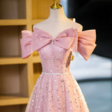 Niulatu A-line off-shoulder tulle sequin long prom dress, pink evening dress HZ1108
