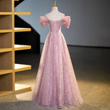 Niulatu A-line off-shoulder tulle sequin long prom dress, pink evening dress HZ1108