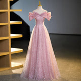 Niulatu A-line off-shoulder tulle sequin long prom dress, pink evening dress HZ1108